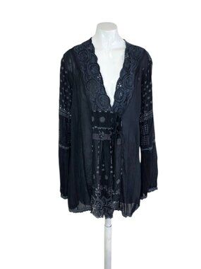 Johnny Was Sheer Embroidered Tie Front Cardigan, Black, Long Sleeve, Boho, Sz M